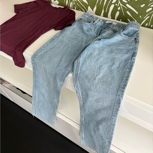 Topshop Faded Blue Straight Jeans sold with Lululemon burgundy top